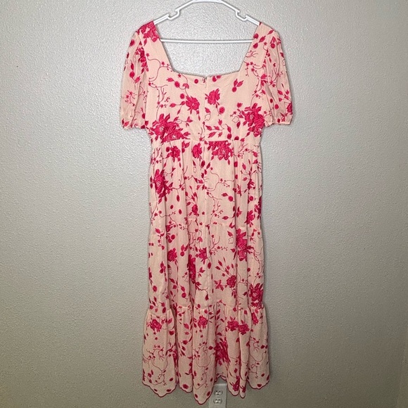 KENSIE Floral Embroidered Puff Sleeve Chiffon Midi Dress In Blush/ Rasberry - Picture 5 of 8